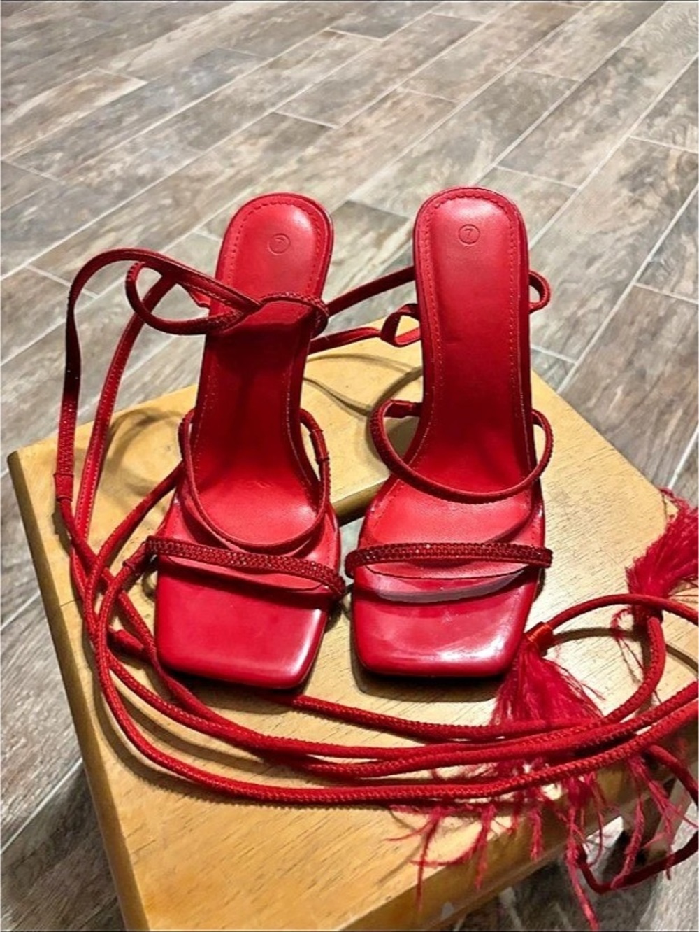 Red Lace-Up Heeled Sandals Like New